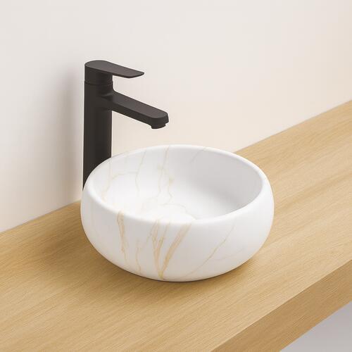 Vasque ronde à poser SORA en céramique Ø36 x h.12 cm - Marbre blanc